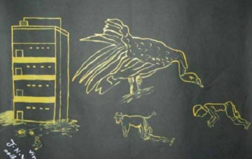 Image of jallachatu. Jallachatu is believed to occur when a vulture flies over the mother during pregnancy. Artist, Vinoy Jha